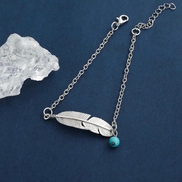 “Silver”Turquoise Feather Anklet Bracelet - Picture 4 of 5